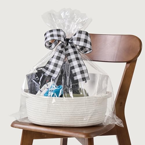 Image of Small Woven Gift Basket Empty with Bag & Ribbon, Storage Basket for Father's Day for Dad, Baby Shower, Raffle, Birthday, Cute Organizer with Handles, 12 inchx8 inchx5 inch, White /Black Check