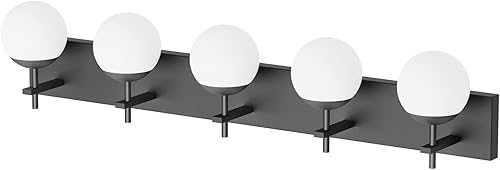 Miniatura 7 de Ralbay Lámpara de tocador moderna de mediados de siglo, 5 luces, color negro mate, iluminación de pared para baño, lámpara de tocador de globo de