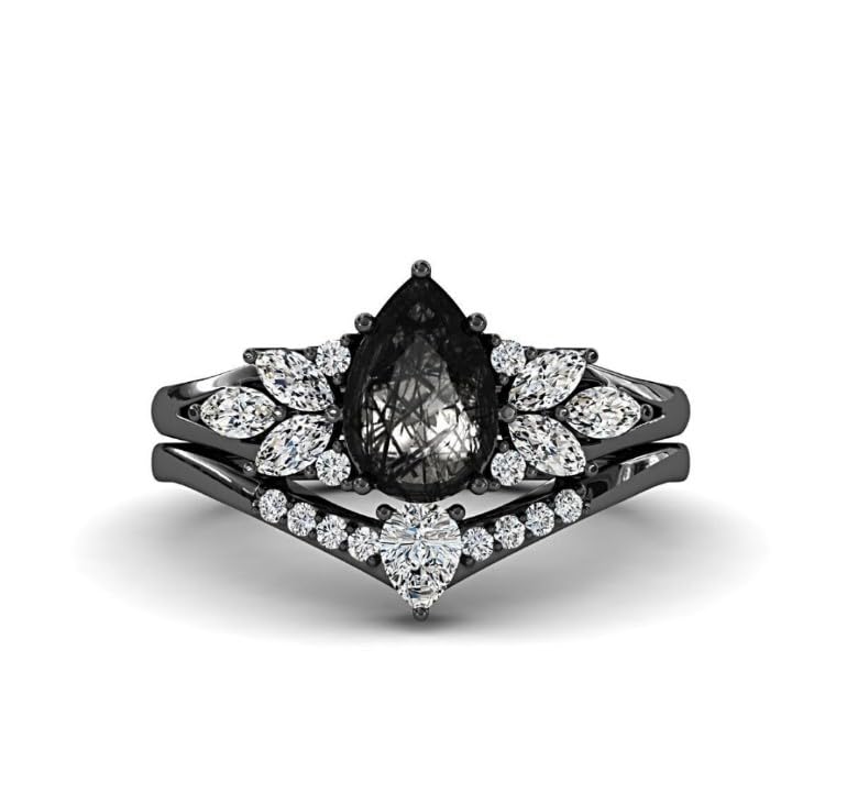 Vintage black Gold Stacking Ring with pear rutilated quartz– Classic Engagement Ring Set,anniversary ring set,art deco womens ring promise ring
