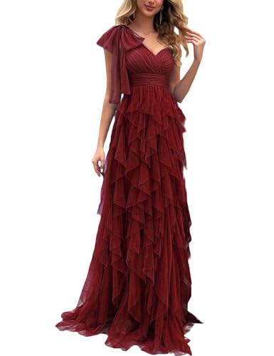 VOUIAO Summer Women Tulle Prom Dress Elegant Bow One Shoulder Slit Evening Party Gown Wedding Guest...