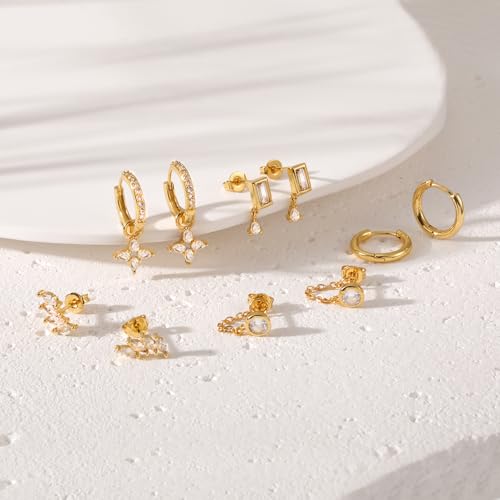 Gold Hoop Stud Earrings Stacks for Women,14K Gold Plated Chain Earring Sets,Hypoallergenic Drop Dangle Earrings for Women,20G Christmas Earring for Multiple Piercing4