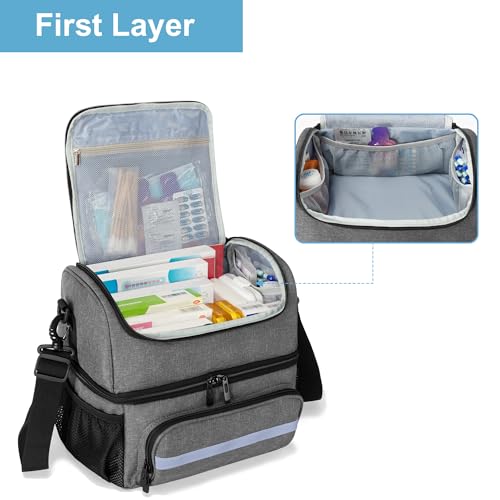 CURMIO Doppelschicht Medizinische Tasche, Tragbar Reiseapotheke Tasche, Notfalltasche für Medizinflasche, Vitamine, Medizinisches Zubehör, Leer, Grau