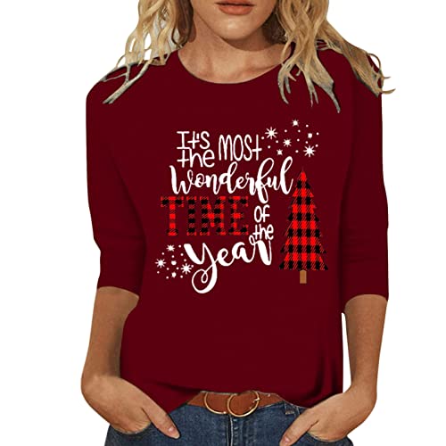 Camiseta de manga corta para mujer, diseño de árbol de Navidad, Vino, XL