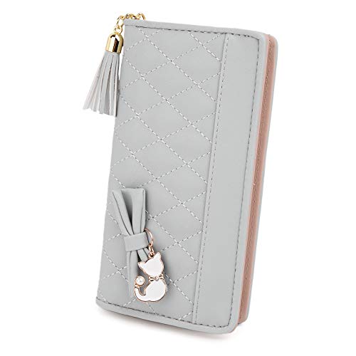 UTO Geldbörse Damen PU Leder Große Kapazität Brieftasche süßer Katze-Anhänger Portemonnaie Kartenhalter Mädchen für Valentinstag Muttertag Geburtstag Gedenktag Weihnachten Neujahr Grau