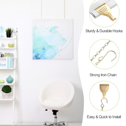 Image of Picture Hanging Kit-10Pcs Frame Rail Hooks with 10Pcs Chains, Metal Rail Hanging Hooks Art Display Hanging System for Wall Picture, Exhibition(Gold-B, 50CM)