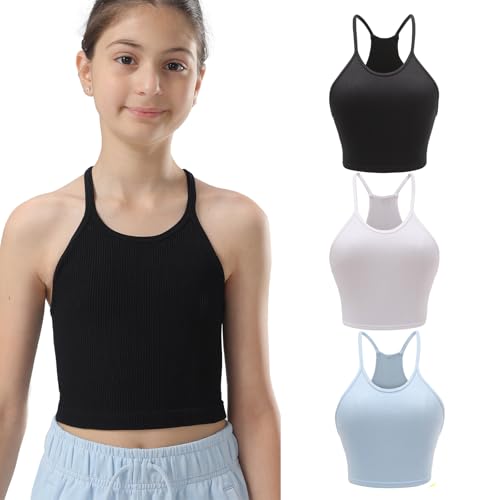 Attifall Girls Ribbed Crop Tank Top Pack Seamless Racerback Cami Tanks for Teen Girl Dance Athletic Cropped Tops