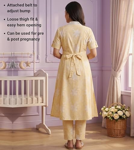 Image of DUMMY SHAPE Maternity Dresses for Women Cotton | Floral Kurta Pant Dupatta Set with Nursing Zippers, Side Pocket | Pre & Post Pregnancy | Feeding Kurti Suit | Baby Shower | Gifts for Pregnant Woman
