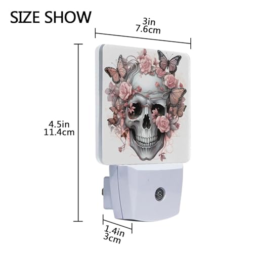 Image of Skull Rose Butterfly Night Lights 2 Pack Plug-in Wall Led Nightlight Auto Dusk-to-Dawn Sensor Lamps for Bedroom Kitchen Bathroom