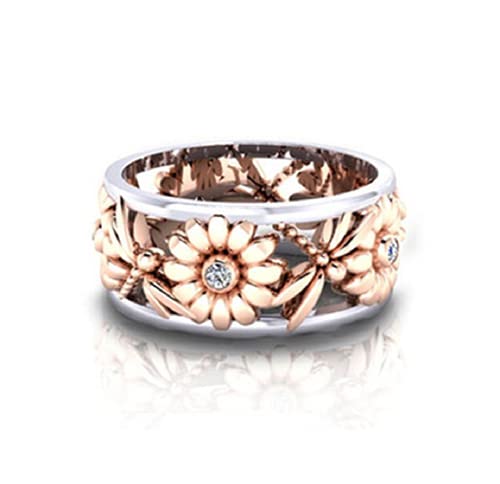 Elegant Rose Gold Plated S925 Silver Sunflower Chrysanthemum Dragonfly Daisy Hollow Two-tone Women's Ring Bridal Wedding Gift Anniversary for Women's Band Jewelry