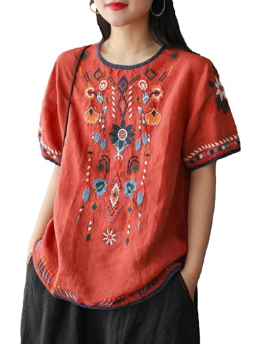 SeekMe Women's Cotton Linen Tops Embroidered Short Sleeve Peasant Boho Mexican Tunic Top Festival Casual Loose T Shirt