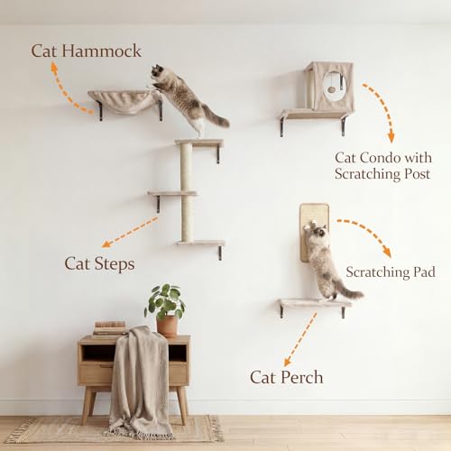 Kit de Muebles de Pared para Gatos con Rascador y Estantes Beige miniatura 2