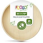 FOOGO Green 25pcs Disposable Palm Leaf Plates, 10"(25cm) Large Round, Eco Friendly Biodegradable Compostable Like Wooden, Bamboo, Paper Plates, for Hot Food, Wedding Picnic Parties
