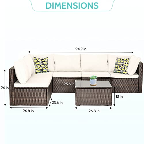 Image of PayLessHere Patio Furniture Set 7 Pieces Outdoor Furniture Wicker Conversation Set Sectional Sofa and Coffee Table Wicker Patio Conversation Sets for Backyard Porch Balcony Poolside,Khaki Cushion