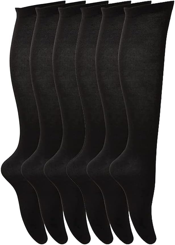 6 Pairs of Cotton Lycra Plain Knee High Socks Extra Long Smooth Socks for Women & Girls Knitted UK Size 4-6