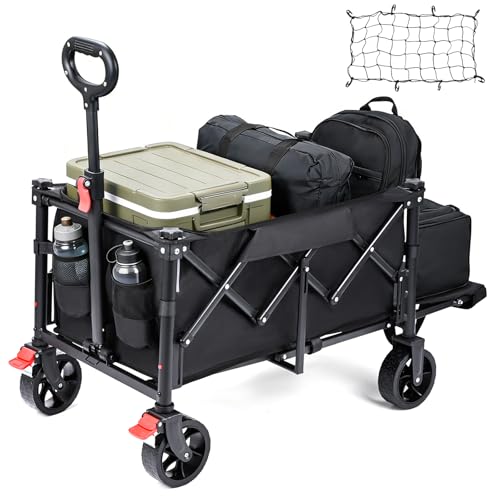 YEAUPE PRO Carrito Plegable de Transporte – Carga 100kg, Fondo Abatible para Objetos Largos. Carro de Playa con Frenos, para Playa, Camping, Pesca, Transporte Familiar – 60-110L, Negro