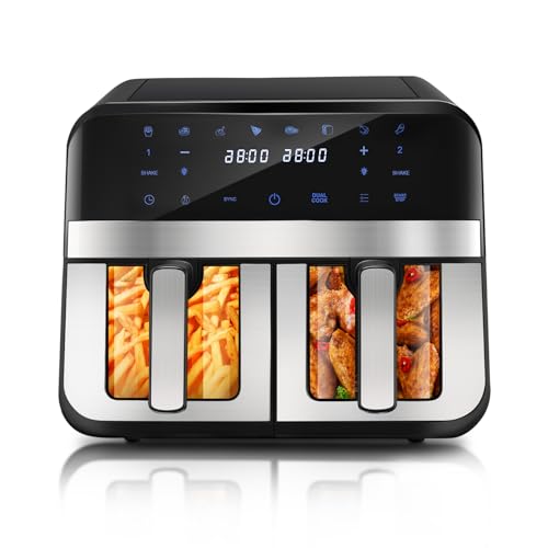 9L Dual Air Fryer with Visual Window, XL Capacity double air fryer, 2 Drawers, 8-In-1 Cooking Presets, Smart Touch Screen, Timer Function, Dishwasher-Safe, Healthy Oil Free & Low Fat Cooking.