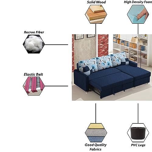 Image of Orland 4 Seater LHS L Shape Sofa Cum Bed for Living Room | Color - Blue | Premium Fabric Sofa