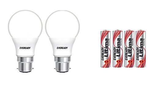 Eveready Base B22D 7-Watt LED Bulb (Pack of 2, Cool Day Light) with Free 4 AAA Alkaline Batteries
