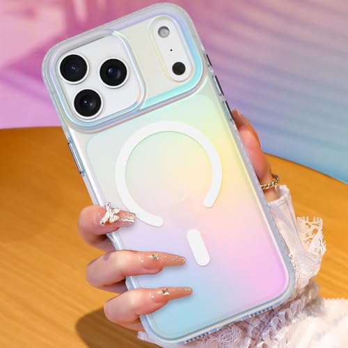 Image of AIGOMARA Magnetic Case for iPhone 17 Pro Max [Compatible with Magsafe] [Fluorescent Holographic Iridescent] Slim Shockproof Matte Back Protective Phone Cover for Women Girls 6.9 Inch