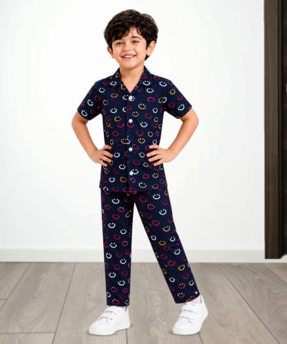 Image of 3BROS Unisex Pure Cotton Short Sleeve Kids Night Dress for Boys & Girls Nightwear /Sleepsuit /Sleepwear /Loungewear Night Suit for Boys and Girls Top and Pyjama Combo Set