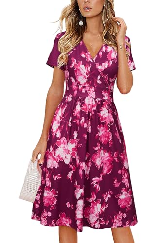 VOTEPRETTY Sommerkleid Damen Knielang Kleid Kurzarm V Ausschnitt Wickelkleid Blumen Midikleid mit Taschen(Wine Red Flower,S)