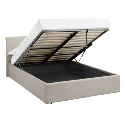 Direct Furniture Suppliers LUNA - UK 4FT6 Double Gas Lift Up Ottoman Storage Faux Leather Space Saving Bedframe (H:88.5cm x W: 153cm x L: 203cm) (Cream)