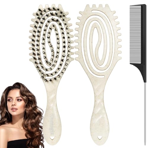 Oumigiz Curl Defining Brush, Boar Bristle Detangling Hair Brush for Women Girls Thick Curly Wavy Hair Wet Dry Use, Fast Blow Drying Vented Styling Hairbrush, Smoothing Hair No Tangle (White)