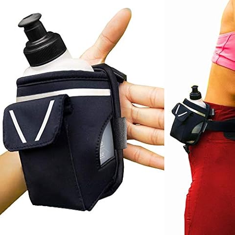 “2-in-1 Running Fun” - Black Handheld 12 Oz. Water Bottle & Belt Add-on - Straps Onto Your Hand or Slides on your Belt! Waterproof Pocket Holds Money, Key, ID– Maximises Your Time, Freedom and Health! Cover