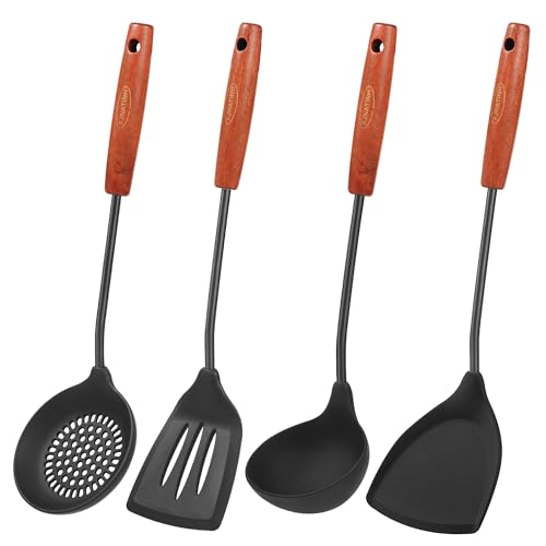 FJNATINH Silicone Wok Spatula,Slotted Spatulas,Ladle,Skimmer Ladle Tool Set,Non Stick Heat-Resistant Cooking Utensils BPA Free Kitchen Utensils Cookware, Pack of 4,Black