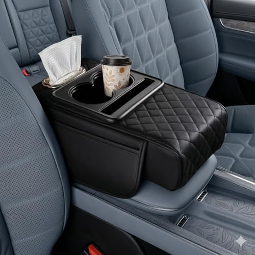 Image of Car Armrest Cushion, 5 in 1 Center Console Cover with 2 Cup Holders, Phone Holder, Tissue Holder, Storage Bag, Multifunctional Leather Heightened Car Armrest Cushion for Universal Fit (Black)