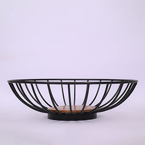 Edhas Iron Round Fruit Bowl With Mango Wood Base, Centerpiece Bowl For Living Room And Modern Kitchen Table (10" X 10" X 3") #TOP1