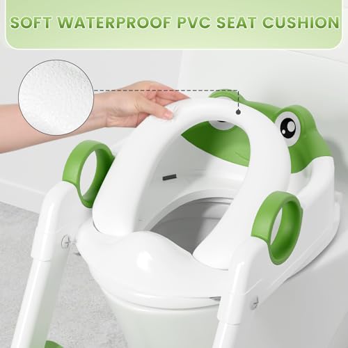 COOSEYA Frosch Kinder Toilettensitz, Toilettentrainer Toilettensitz für Kleinkinder, Upgrade Toilettenleiter für Jungen Mädchen, 2 in 1 Toilettentrainer mit Treppe, Rutschfestes Trittbrett