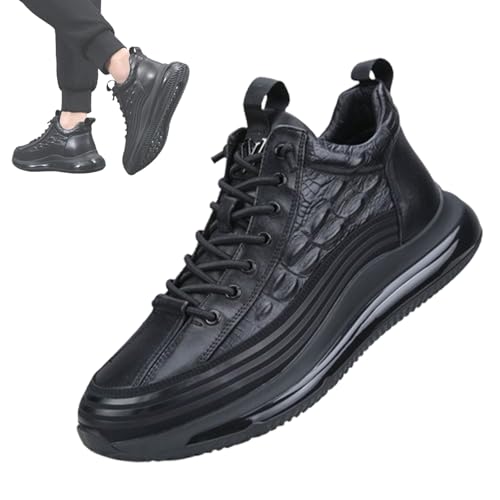 Men's Crocodile Print Leather Sneakers Casual Air Elastic Waterproof Height Lifting Comfortable Shoes High Top Sneakers (Black,8.5)