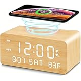 Andoolex Wooden Digital Alarm Clock with Wireless Charging, 0-100% Adjustable Brightness Dimmer and Alarm Volume, Weekday/Weekend Mode, Dual Alarm, Snooze, 12/24H, Wood LED Clock for Bedroom (Bamboo)