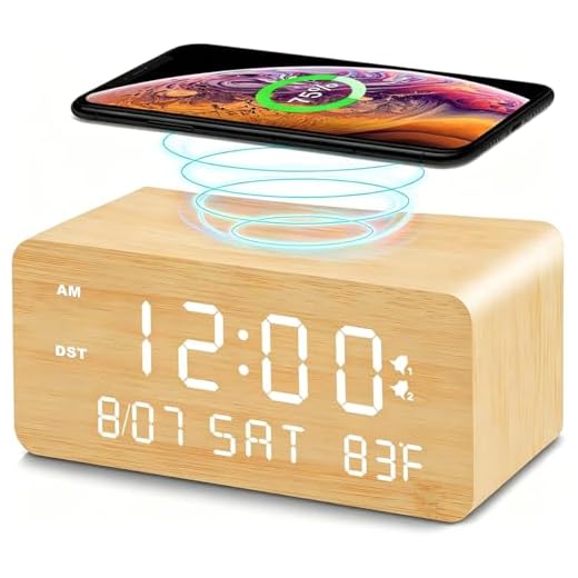 Andoolex Wooden Digital Alarm Clock with Wireless Charging, 0-100% Adjustable Brightness Dimmer and Alarm Volume, Weekday/Weekend Mode, Dual Alarm, Snooze, 12/24H, Wood LED Clock for Bedroom (Bamboo)