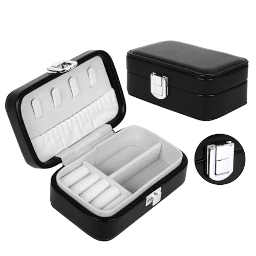 Image of BucketList PU Leather Jewellery Organizer Box with Ring Slots & Necklace Hooks | Compact Jewelry Storage Case with Secure Lock (Travel Jewellery Box Rectangular (Black))