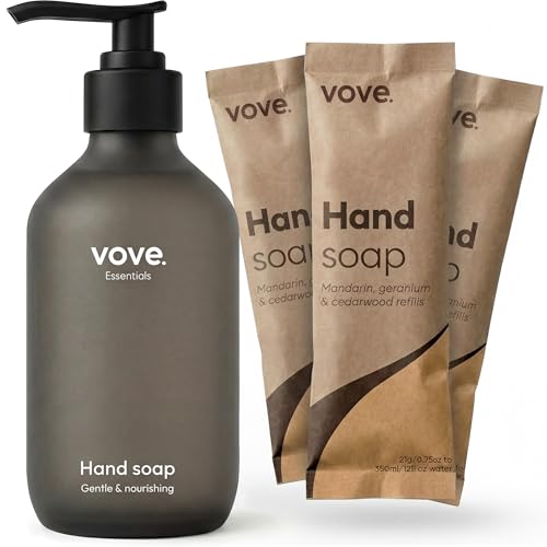 Vove Hand Soap Starter Set with Refillable Dark Glass Pump Bottle & 3 Refills, Mandarin Geranium &...