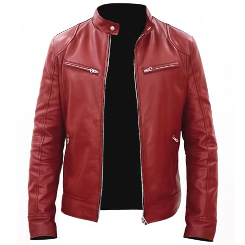 Image of Men's Real Leather Jacket Biker Motorcycle Cafe Racer Vintage Retro Bomber Winter Black Genuine Leather Jacket