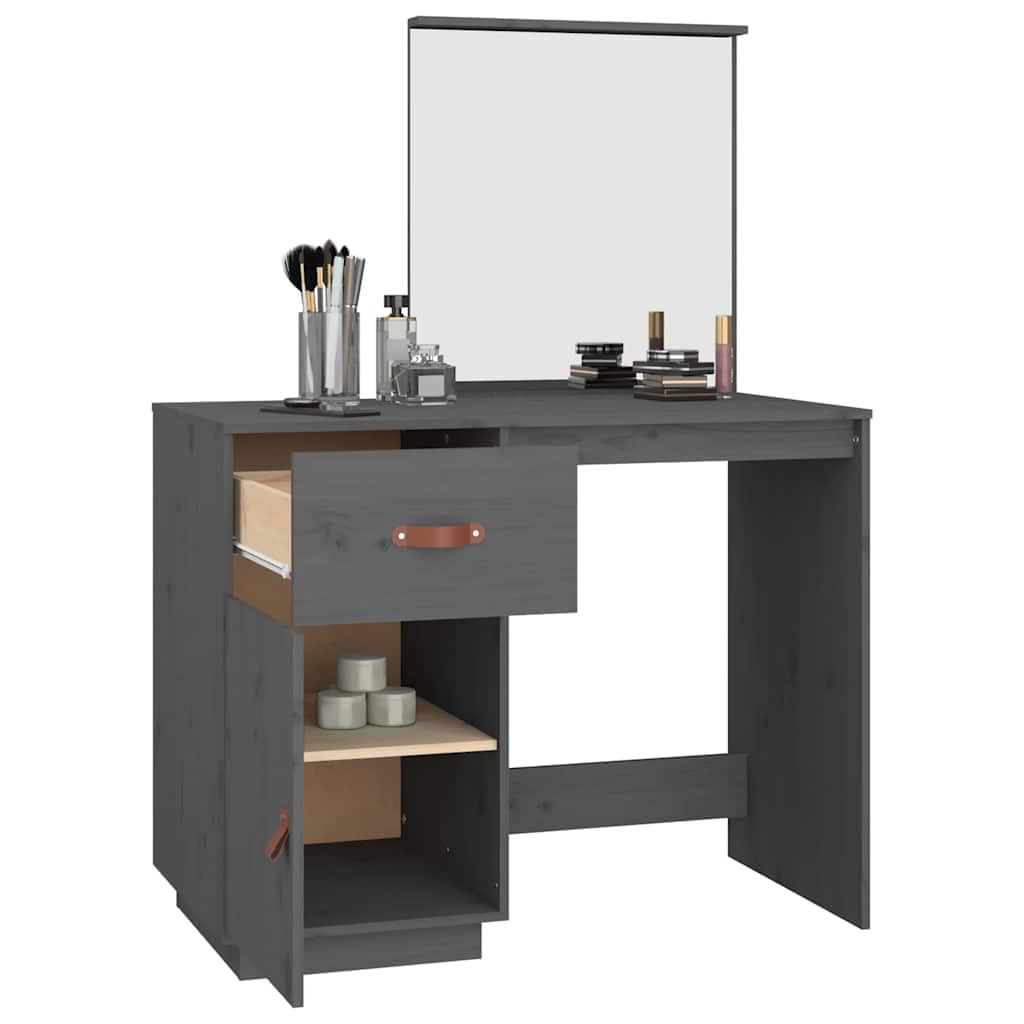 Schminktisch Grau 95x50x134 cm Massivholz Kiefer mit Spiegel Schublade 2 Fächer Schminkkommode Stauraum für Schlafzimmer Frisiertisch Make-up