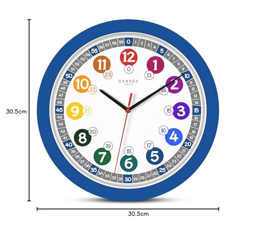 Cander Berlin MNU 1030 J Kinderwanduhr lautlos 30,5 cm geräuschlos Lernuhr Lernzifferblatt Kinderzimmer farbenfroh blau analog Kinderzimmer Jungen Mädchen ohne Tickgeräusche Lernen