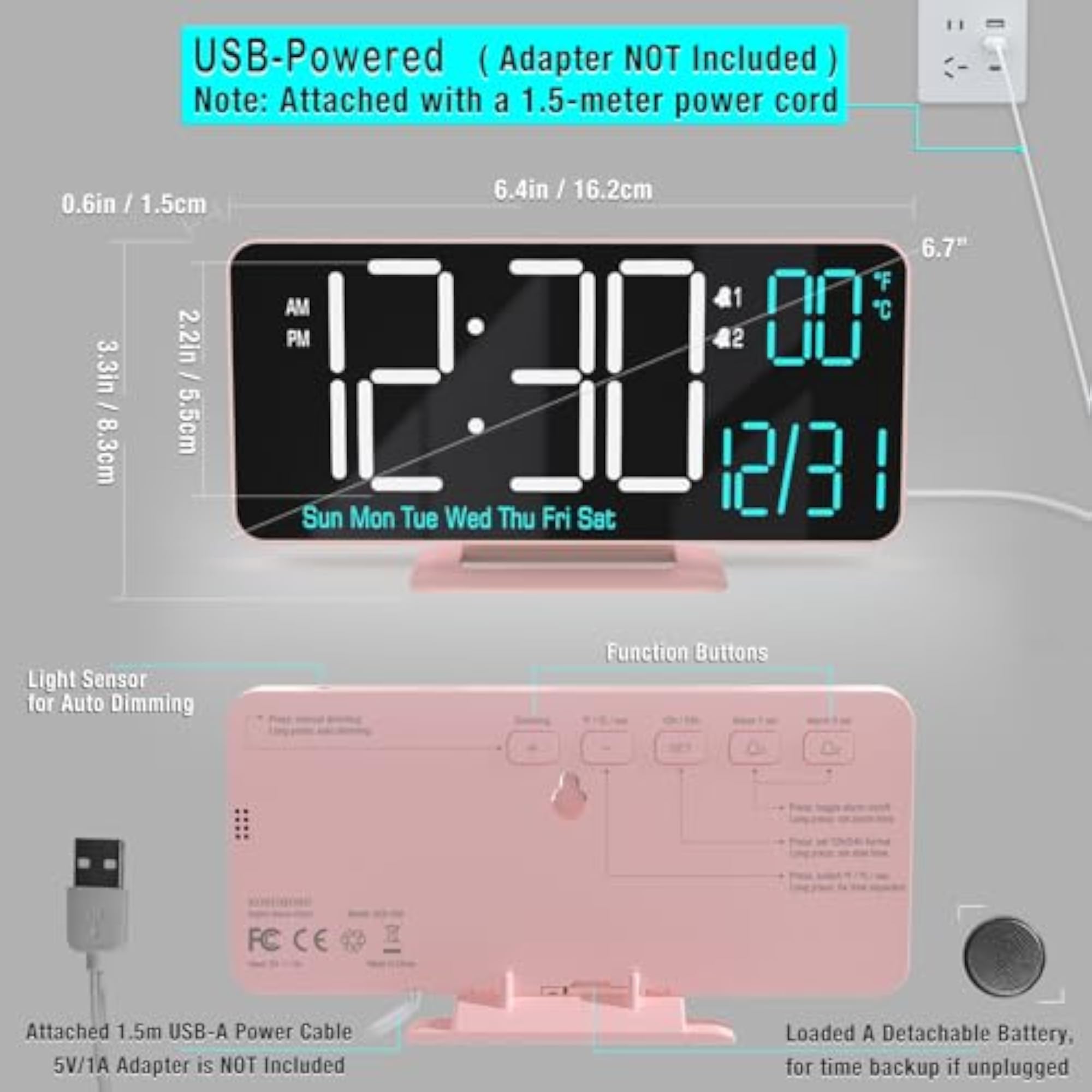 6.7 Inch Digital Alarm Clock with Auto Dimming