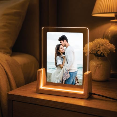 Image of Giftplease Personalized LED Acrylic Photo Frame with Wooden Base | Custom Engraved Photo Lamp | Customized Picture Frame Light | USB Powered Acrylic Night Lamp | Anniversary, Wedding, Birthday, Couple