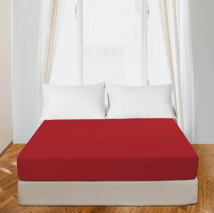 Night Zone Fitted Bed Sheet 200 Thread Count 100% Egyptian Cotton Extra Deep 40CM Fitted Sheet (Red, Double)