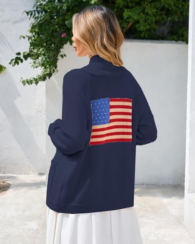 Women's American Flag Cardigan Long Sleeve Shawl Collar Button Down Fall Chunky Knit Varsity Sweater2