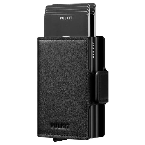 Image of VULKIT Credit Card Holder RFID Blocking Leather Automatic Pop Up Wallet Magnetic Wallet Double Card Case for Men and Women, Genuine Leather Nappa Black, 4.33*3.15*1.1 in, Minimalist