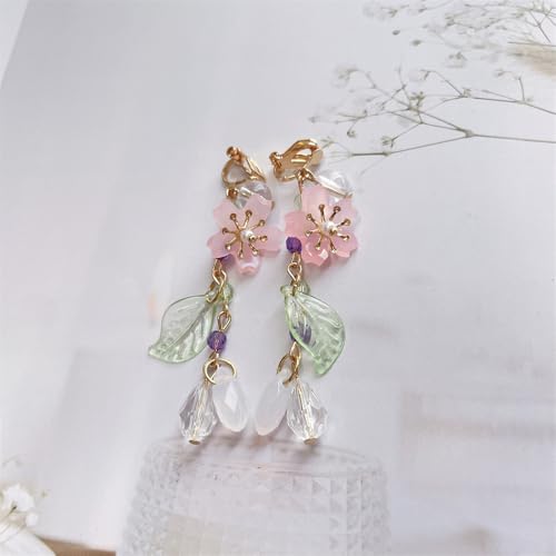 Clip on Pink Flower Pearl Leaf Long Fake Dangle Drop Earrings for Women Non Pierced Ear Dainty Cute Gold Plated Sakura Flower Statement Tassel Dangling Earrings Hypoallergenic Lightweight Fashion Trendy Jewelry4