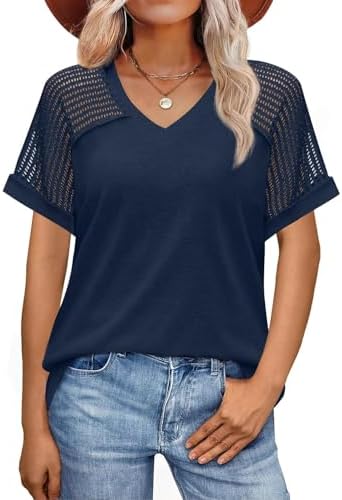 JUSTFASHIONNOW Women's Summer Casual Tops Raglan Short Sleeve V Neck Shirts Trendy 2025 Cute Ladies Blouses Business Outfits