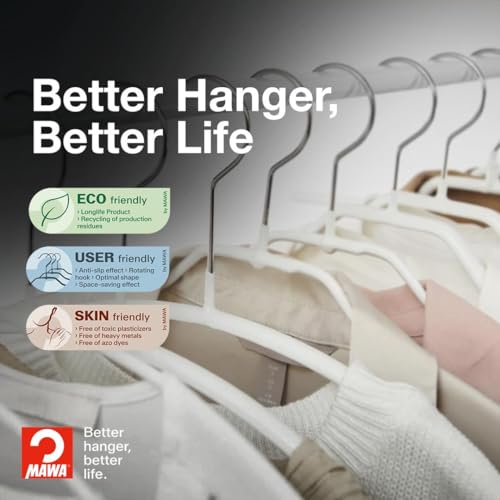 MAWA Kleiderbügel, Set mit 10 hochwertigen, platzsparenden, rutschfesten Kleiderbügeln, ideal für T-Shirts und Pullover, mit 360° drehbarem Haken und Rutschfester Beschichtung, 46 cm, Weiß