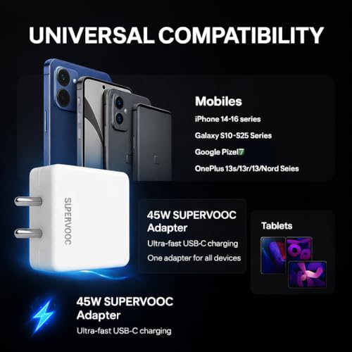 Image of Realme 45W Supervooc Charger with 1M Type-C Fast Charging Cable|Dash /Wrap /Vooc /Superdart /Dart|45Watt Adapter for Realme Narzo 80 Lite /90x /80 Pro /90 /P4x /15T /15C /P3 Lite /C75 /C71 /GT 7 /GT 7T /P3 Pro /GT 6