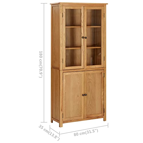 Vidaxl Solid Wood Oak Bookcase With 4 Doors Shelf Cabinet Display Storage Unit Living Room Studio Office Freestanding Organizer 35.4" Glass #TOP2
